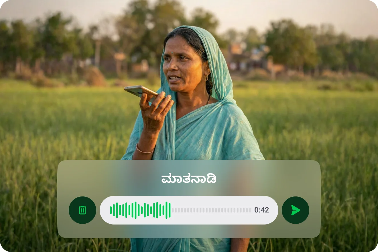 A farmer in a field with the FarmerChat chat interface overlaid.