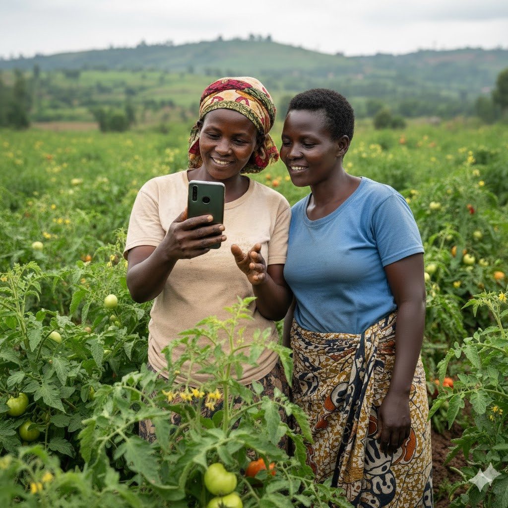 Two farmers looking at a phone in the field