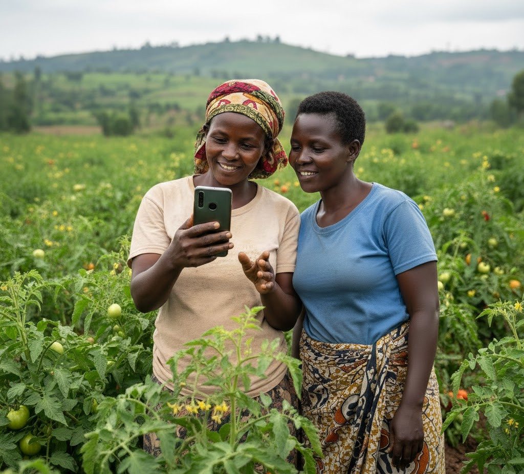 Two farmers looking at a phone in the field